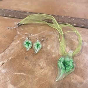 Green floral ribbon and acrylic necklace and earring set